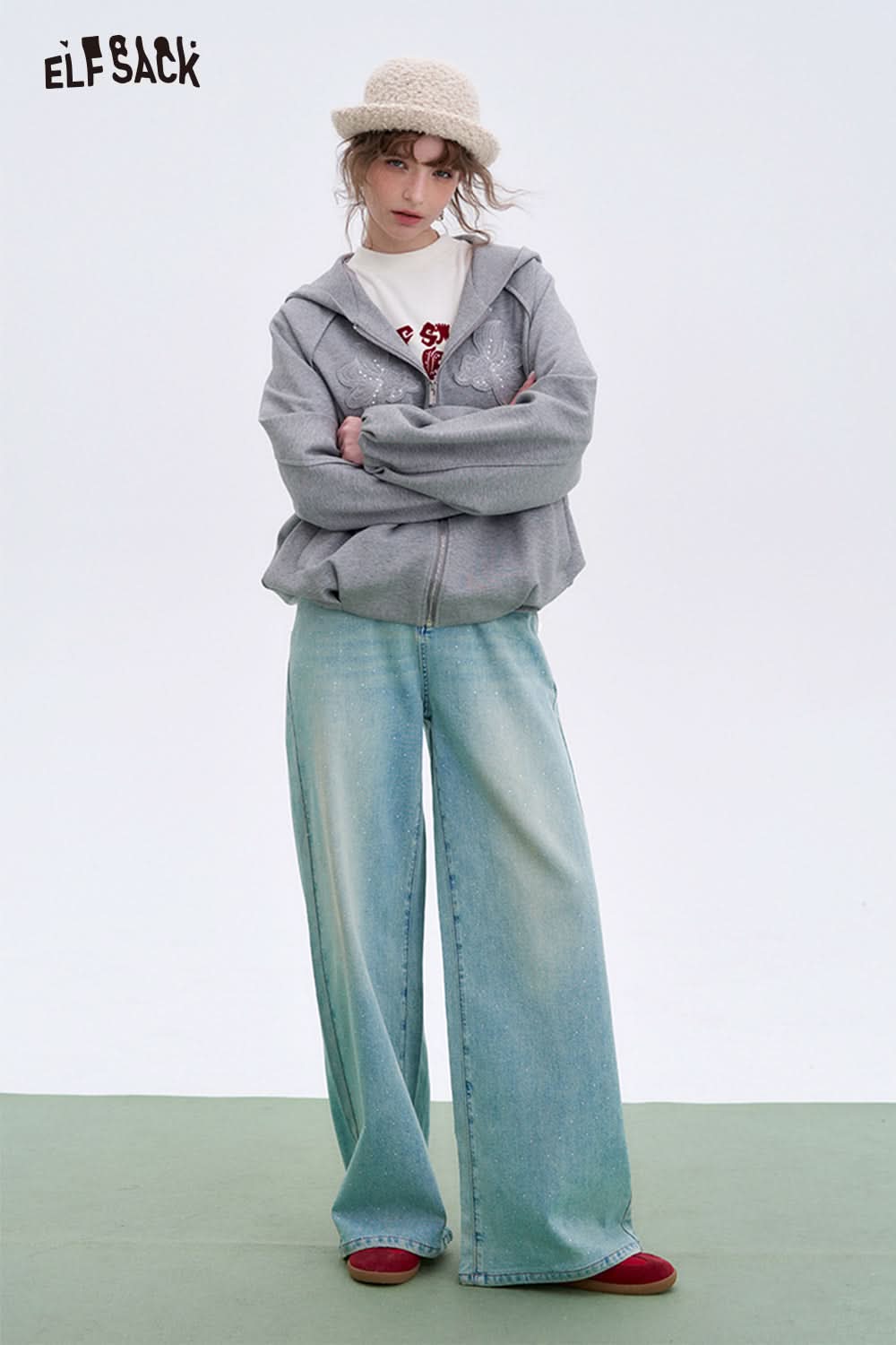 ELFSACK Korean style light blue bright diamond wide leg jeans basic loose straight pants