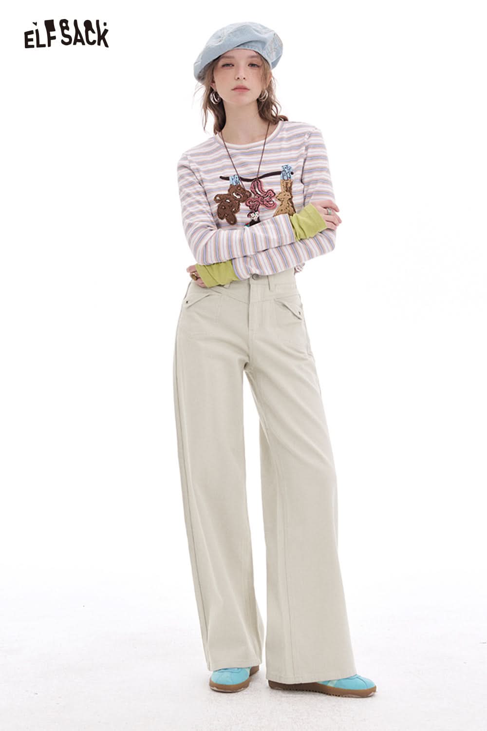 ELFSACK White high waist wide leg jeans women Korean straight loose pants