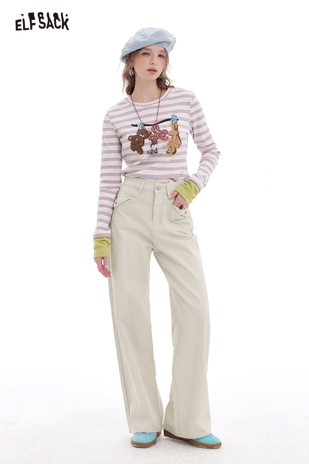 ELFSACK White high waist wide leg jeans women Korean straight loose pants