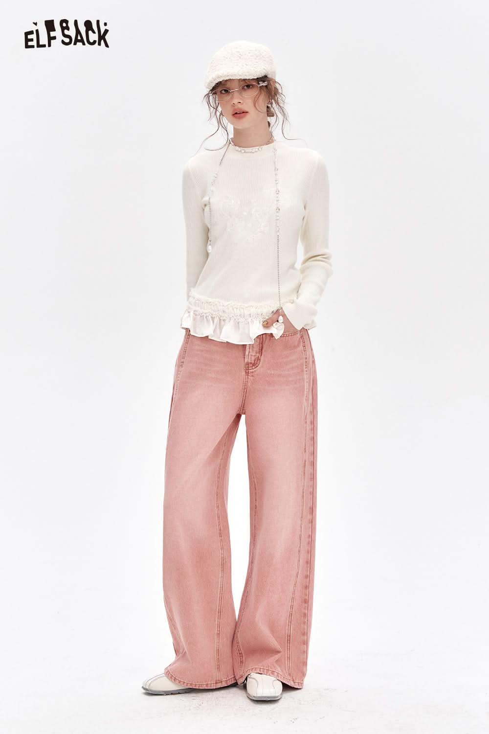 ELFSACK Sweet Pink High Waist Straight Jeans Women Korean Casual Wide Leg Pants