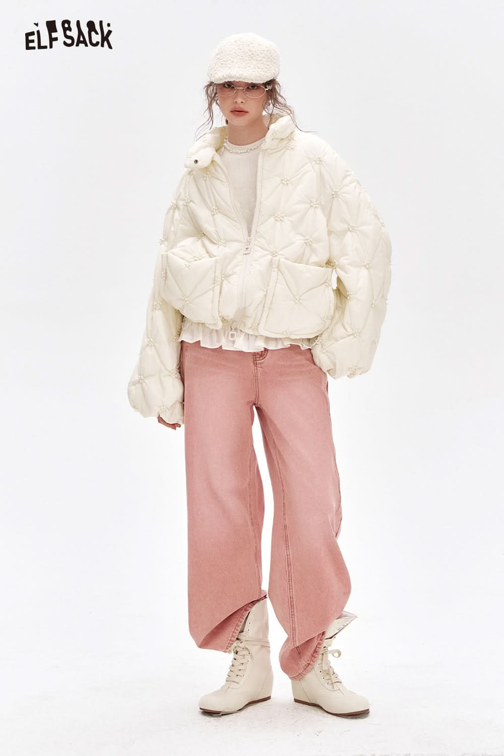 ELFSACK Sweet Pink High Waist Straight Jeans Women Korean Casual Wide Leg Pants