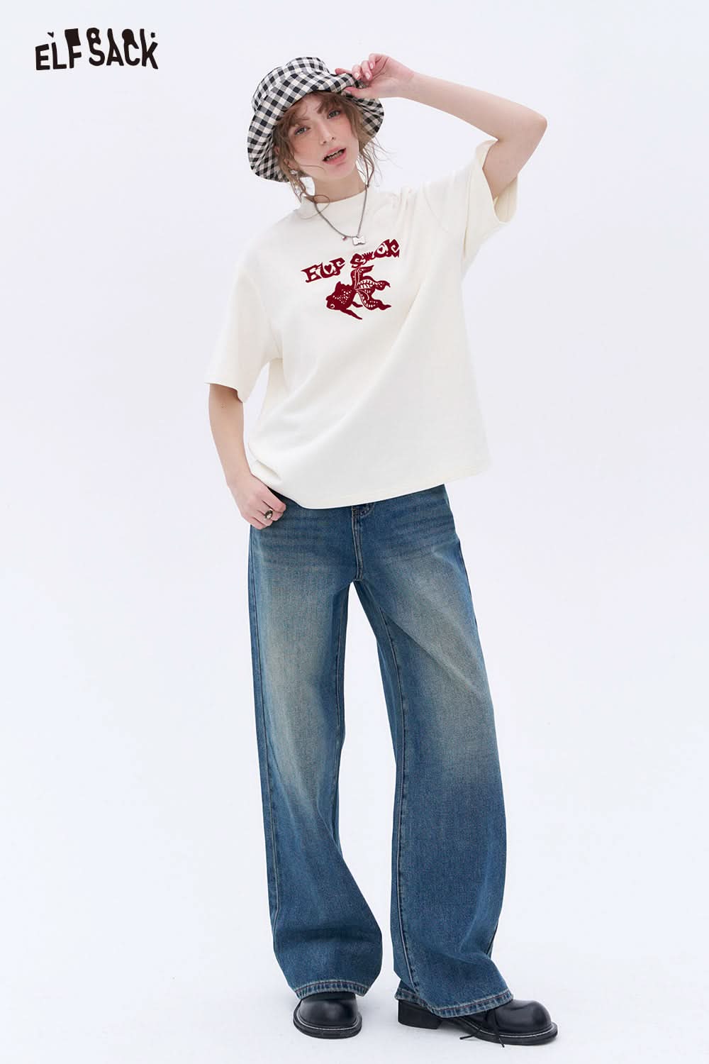 ELFSACK Retro Blue Loose Straight Jeans Women Basic Wide Leg Pants