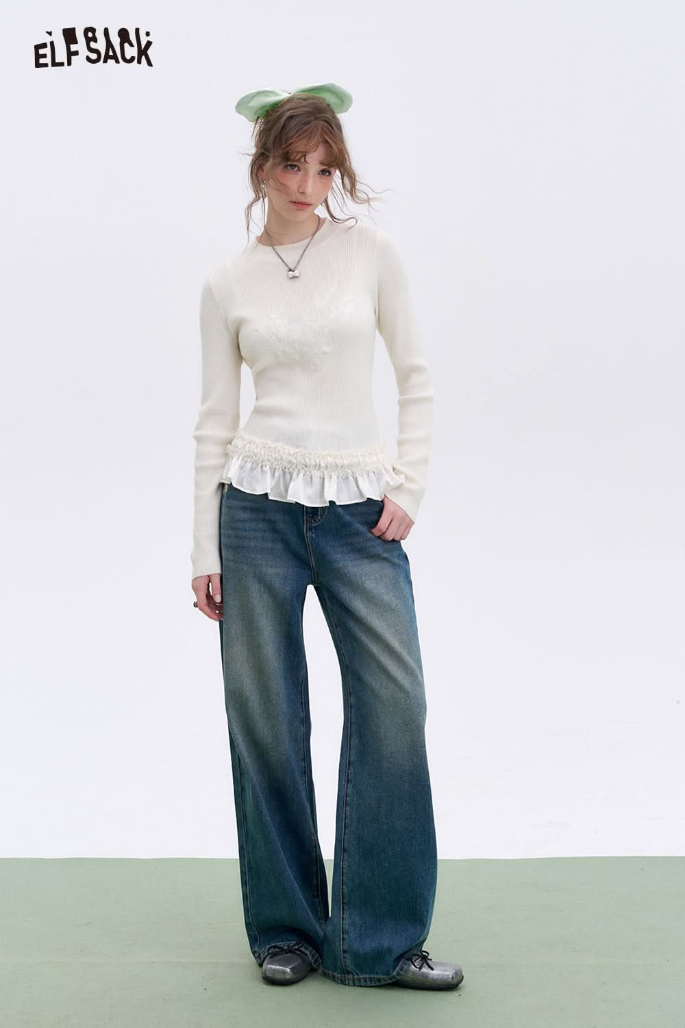 ELFSACK Retro Blue Loose Straight Jeans Women Basic Wide Leg Pants