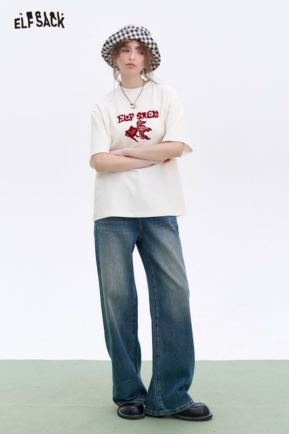 ELFSACK Retro Blue Loose Straight Jeans Women Basic Wide Leg Pants