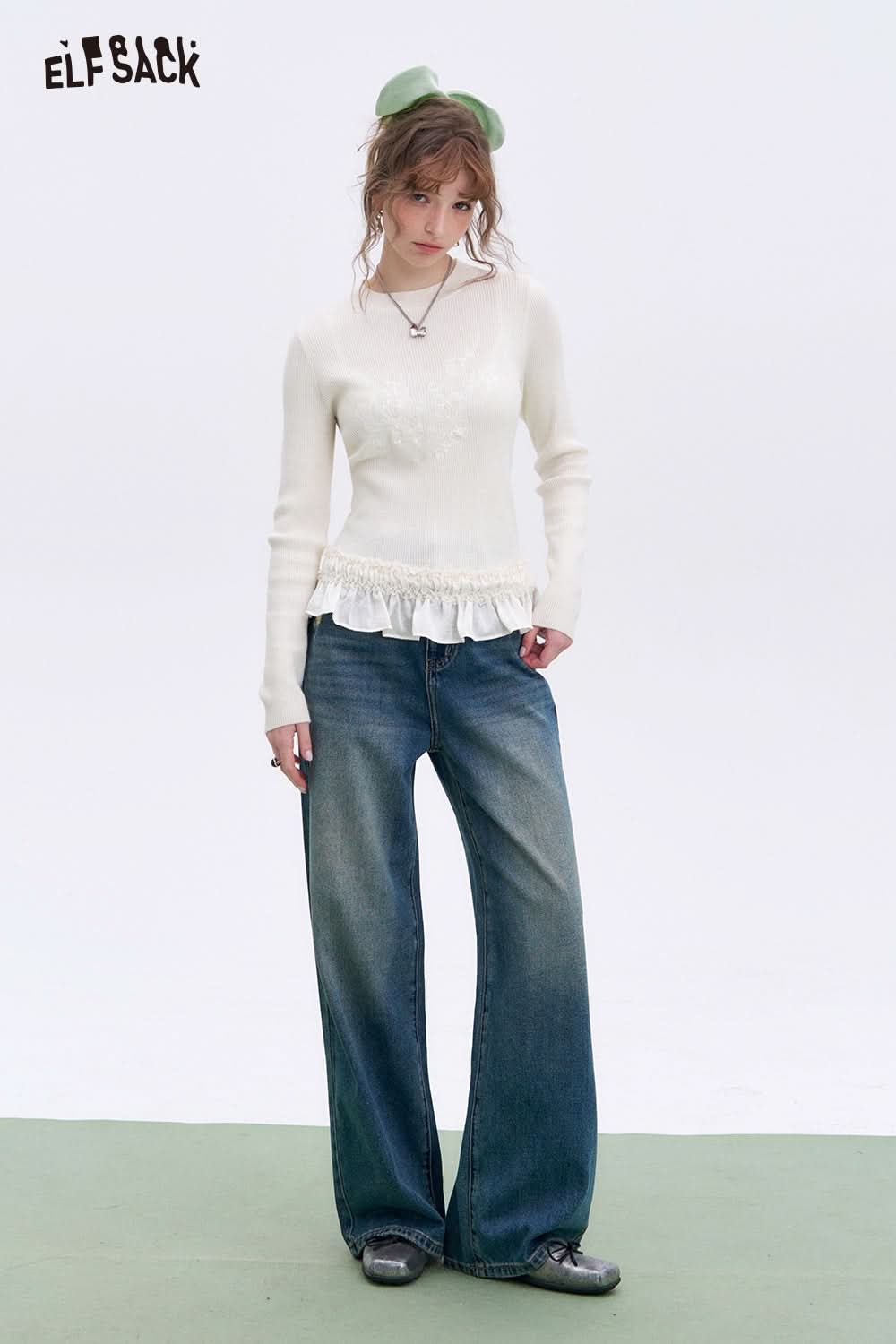 ELFSACK Retro Blue Loose Straight Jeans Women Basic Wide Leg Pants