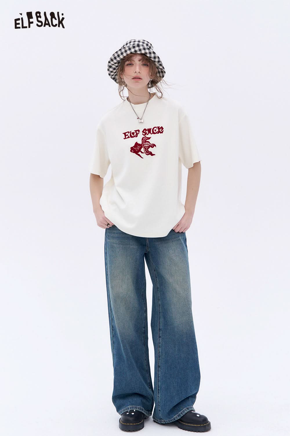 ELFSACK Retro Blue Loose Straight Jeans Women Basic Wide Leg Pants