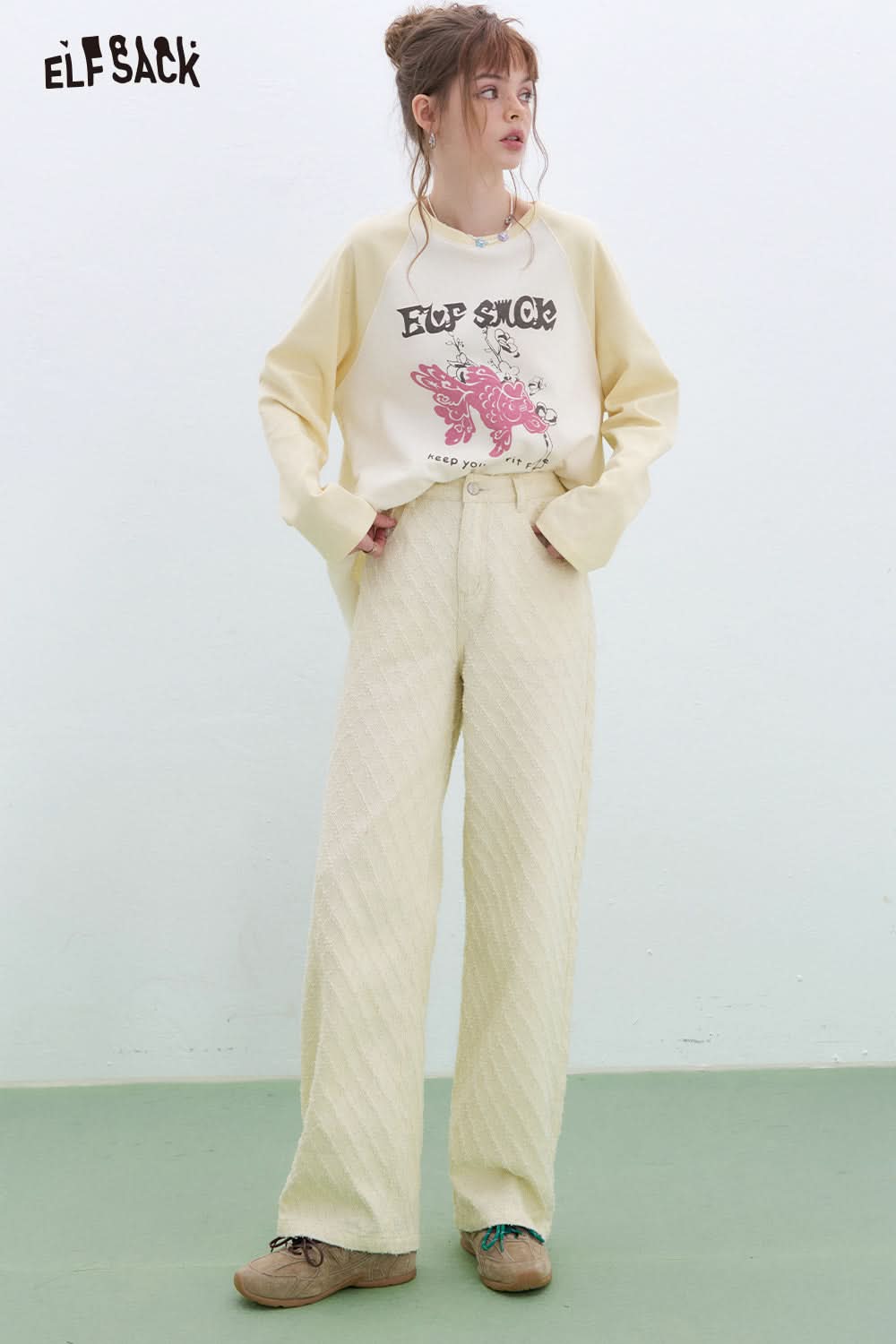 ELFSACK Diamond White Wide Leg Jeans Women Casual Loose Straight Pants