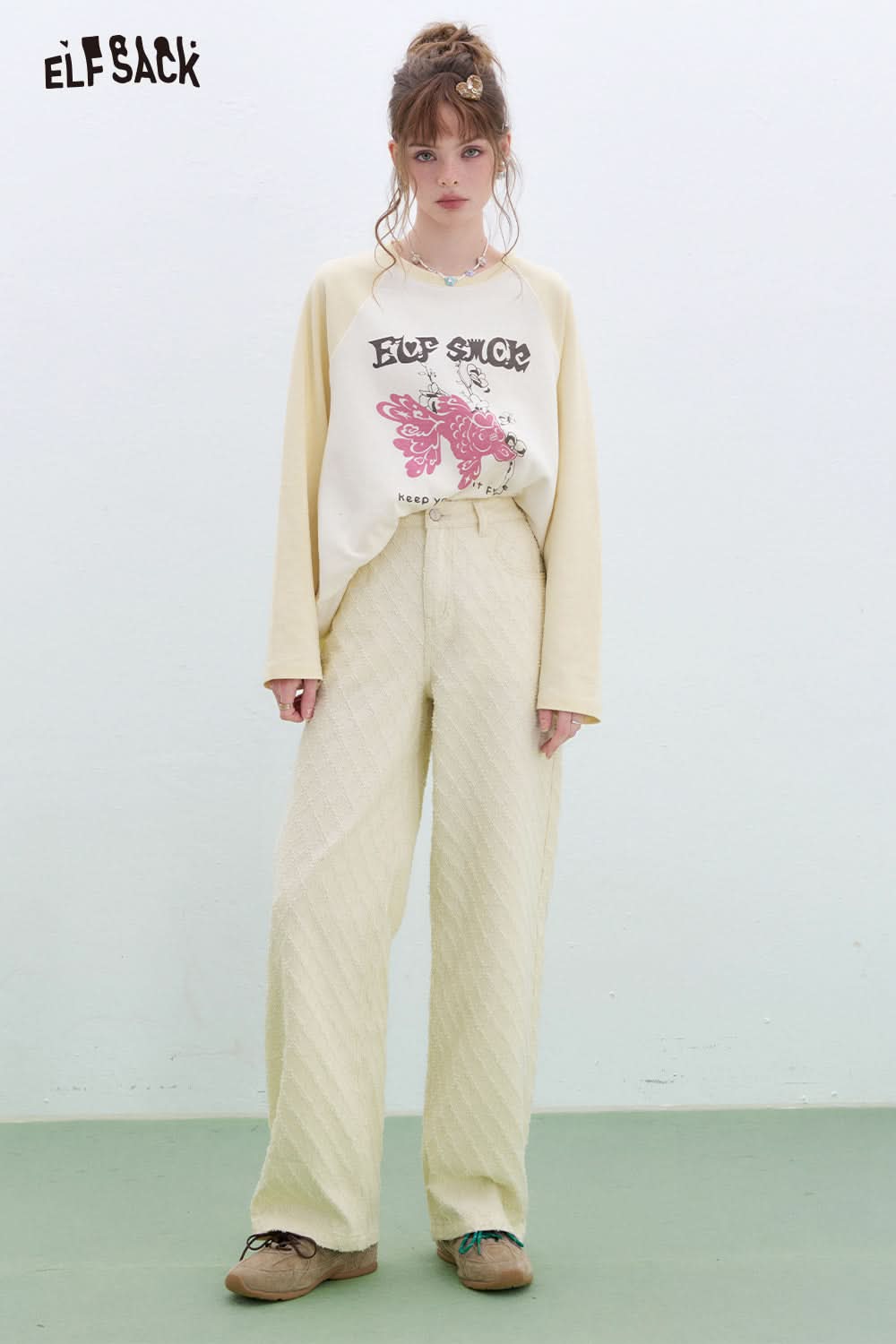 ELFSACK Diamond White Wide Leg Jeans Women Casual Loose Straight Pants