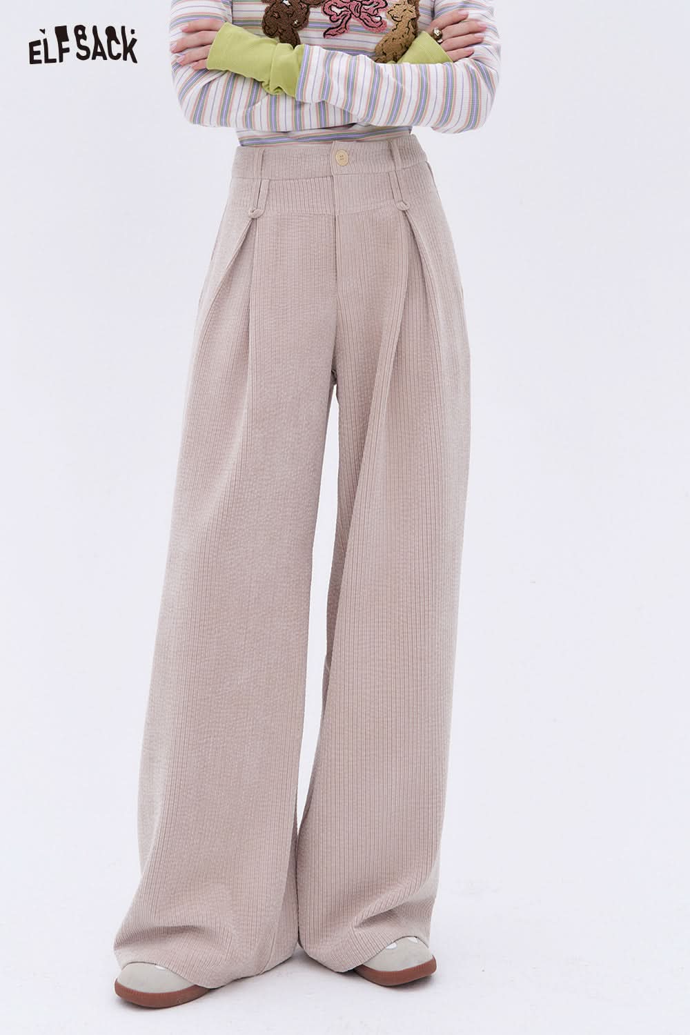ELFSACK Apricot corduroy casual wide-leg pants Basic loose straight pants