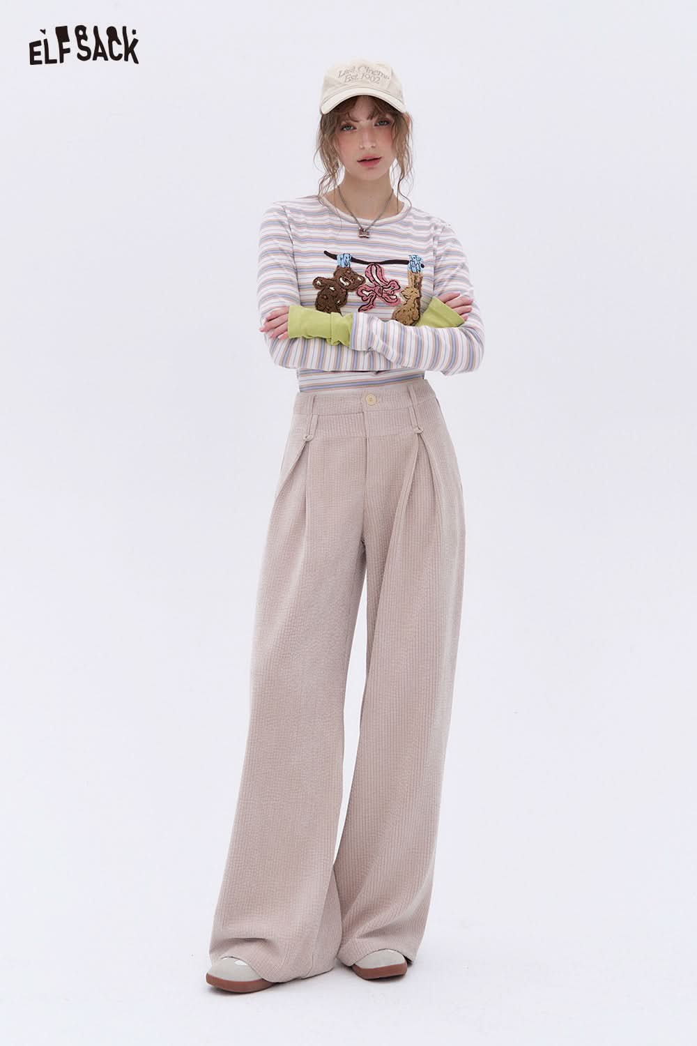 ELFSACK Apricot corduroy casual wide-leg pants Basic loose straight pants