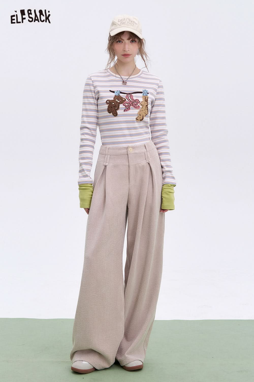 ELFSACK Apricot corduroy casual wide-leg pants Basic loose straight pants