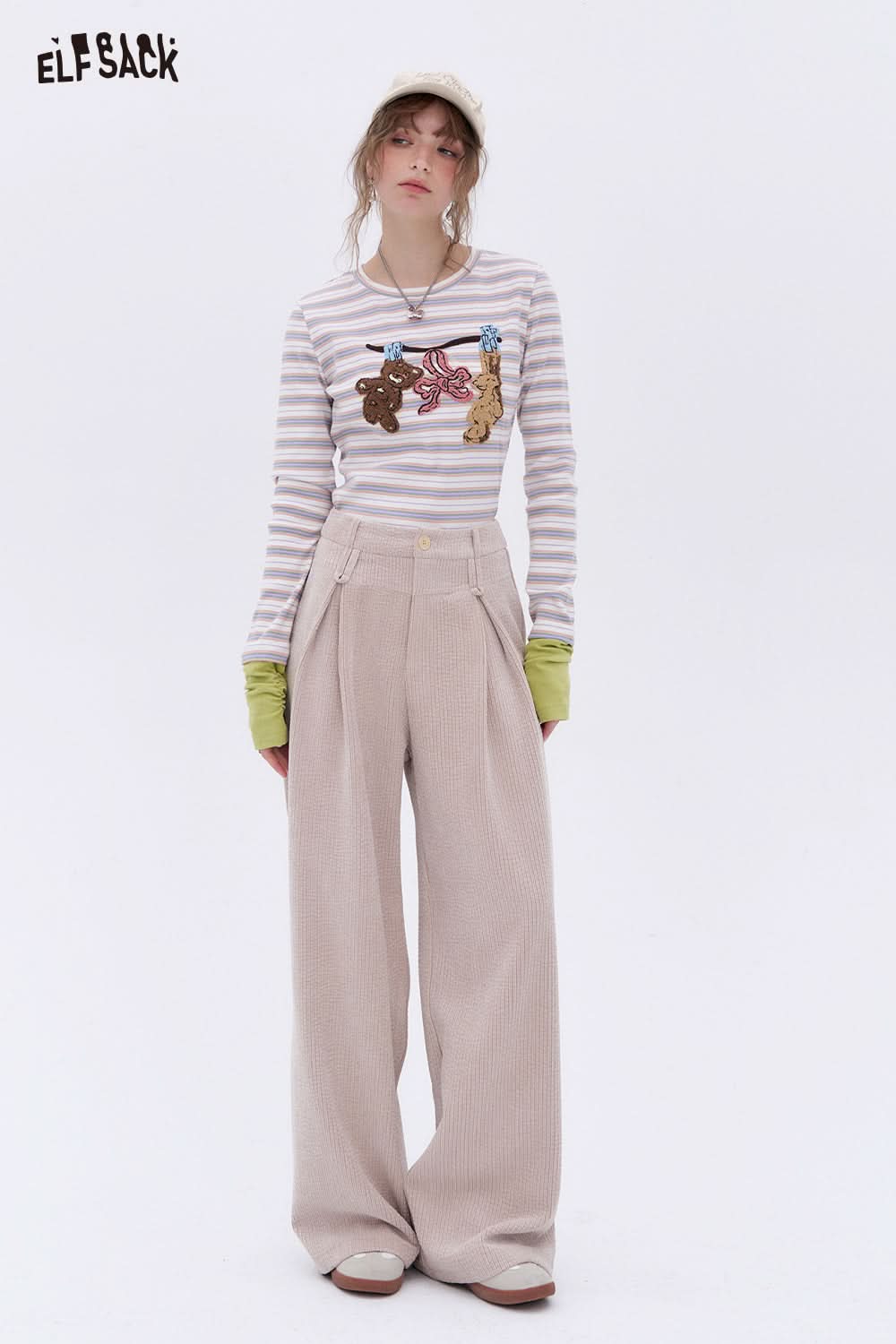 ELFSACK Apricot corduroy casual wide-leg pants Basic loose straight pants