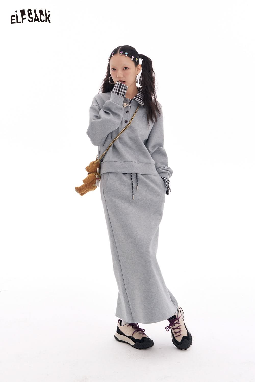 ELFSACK Fake Two Piece sweatshirt and elastic waist mid length skirt two-piece set Korean casual Sports Suits