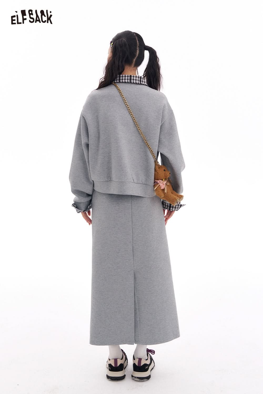 ELFSACK Fake Two Piece sweatshirt and elastic waist mid length skirt two-piece set Korean casual Sports Suits