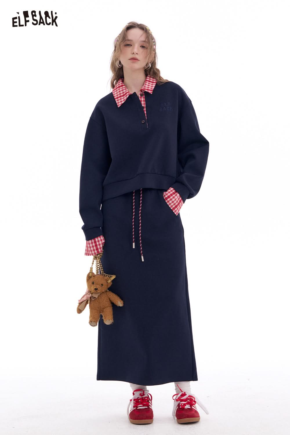 ELFSACK Fake Two Piece sweatshirt and elastic waist mid length skirt two-piece set Korean casual Sports Suits