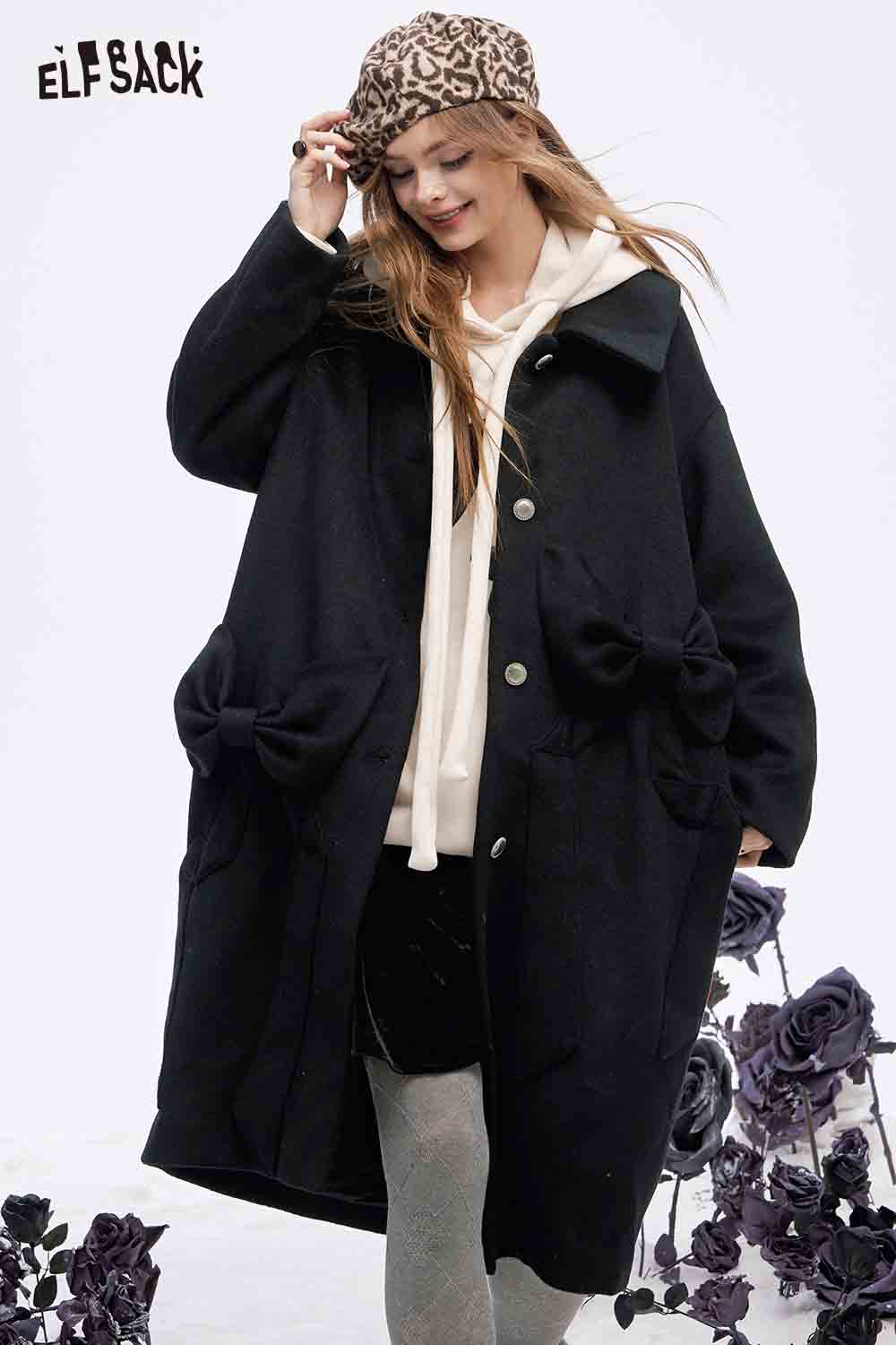 ELFSACK minimalist long coat for women featuring bow pockets and a stylish oversized design
