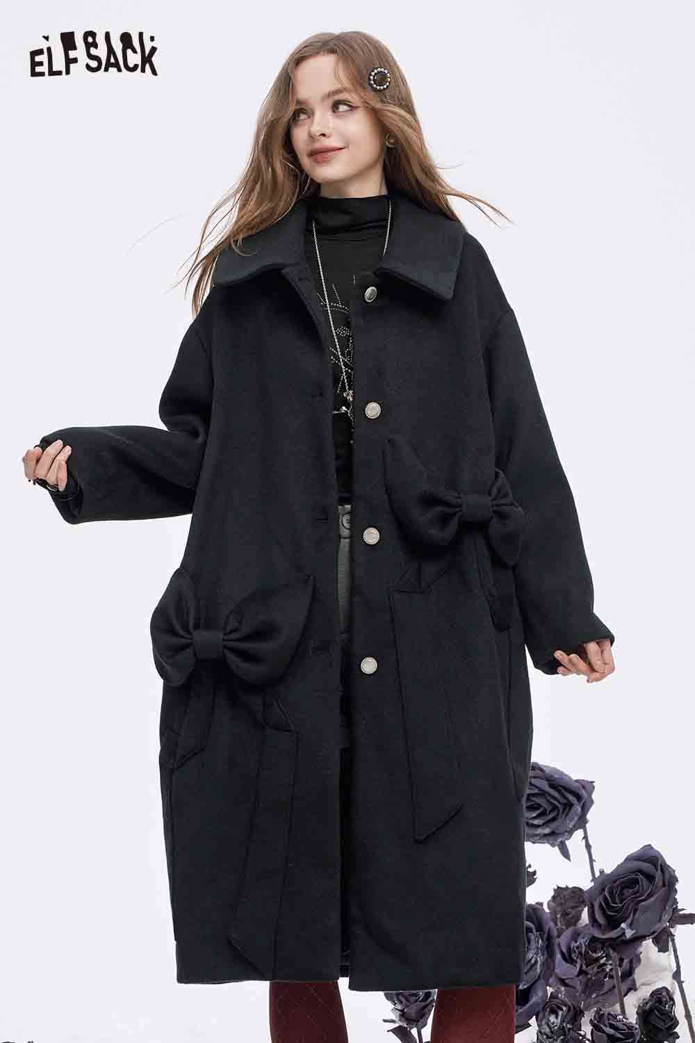 ELFSACK minimalist long coat for women featuring a stylish design with bow accents and a relaxed fit