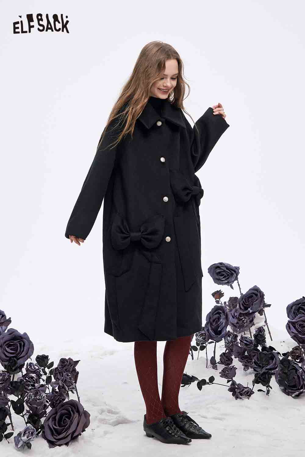 ELFSACK minimalist long coat for women with bow details and button closure in black color
