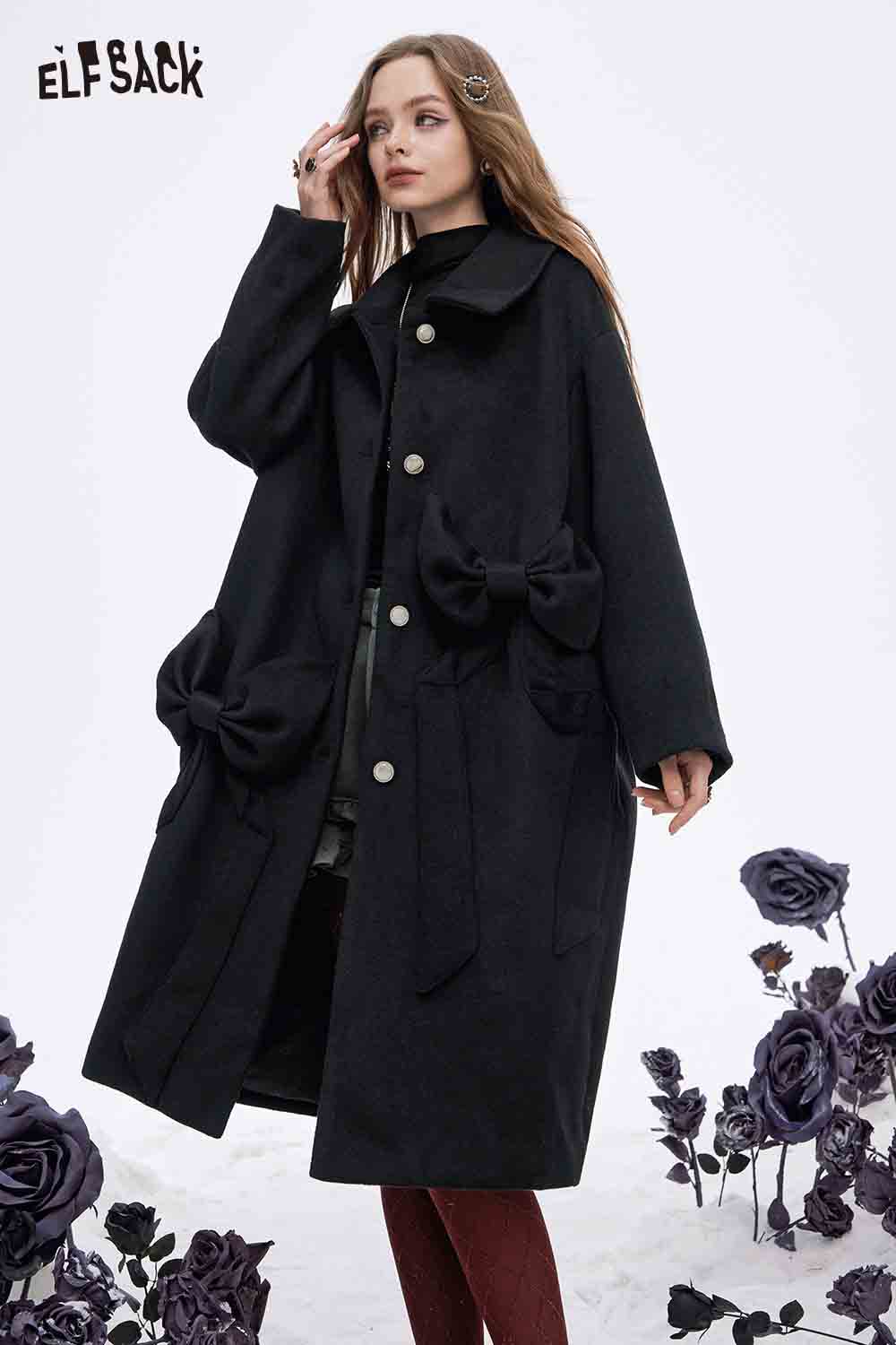 ELFSACK minimalist long coat for women in black with bow details and a stylish oversized fit