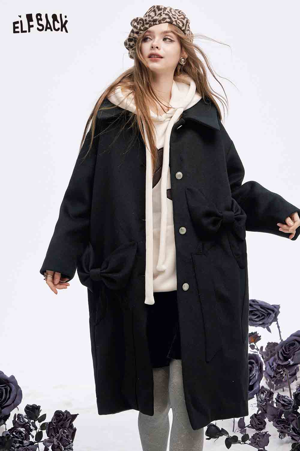 ELFSACK minimalist long coat for women with bow detail in black, perfect for stylish winter layering