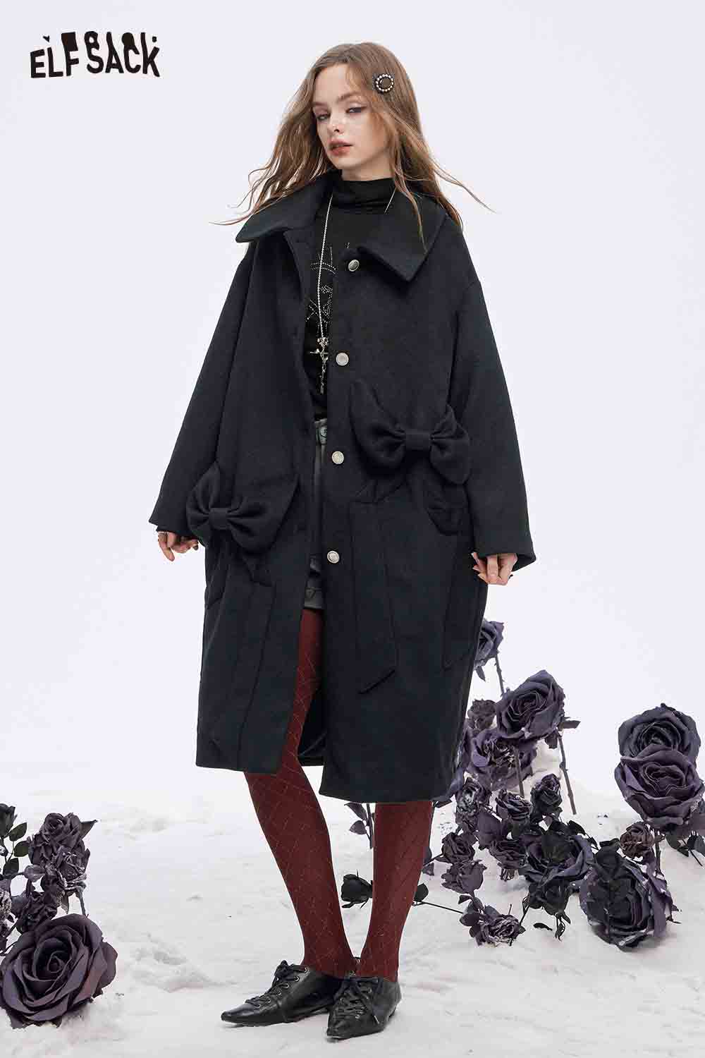 ELFSACK minimalist long coat for women with unique bow details and relaxed fit, perfect for stylish winter looks.