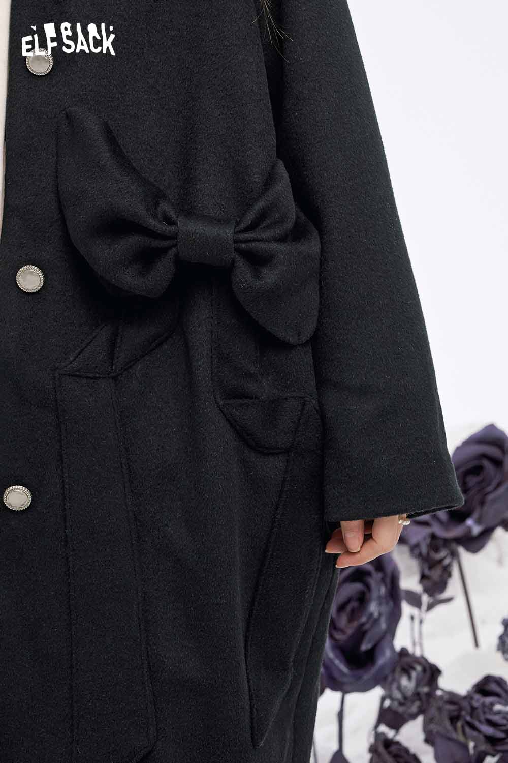ELFSACK minimalist long coat for women featuring a bow accent and pockets for a modern chic look