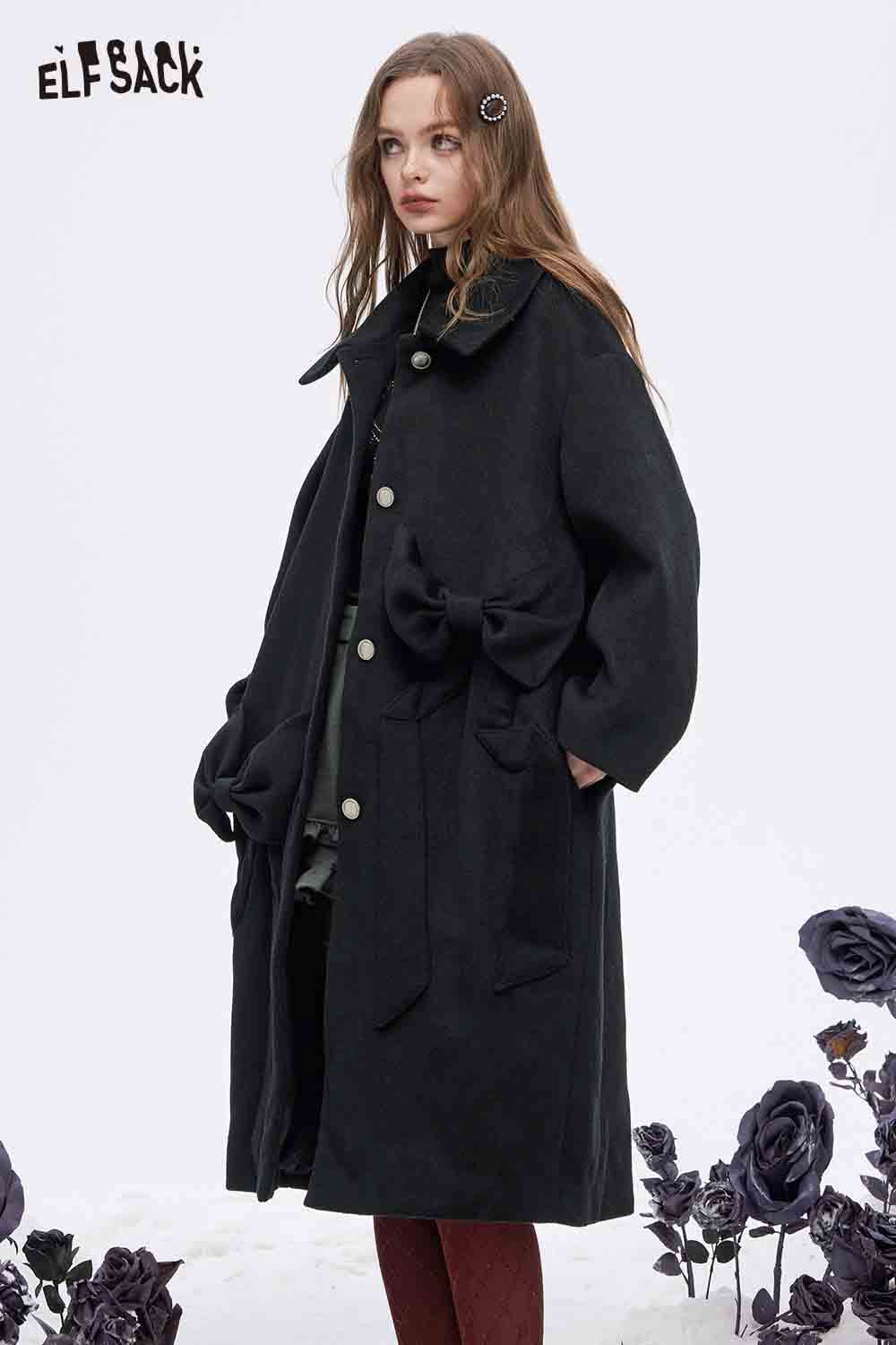ELFSACK minimalist long coat for women featuring a stylish bow and oversized fit in black