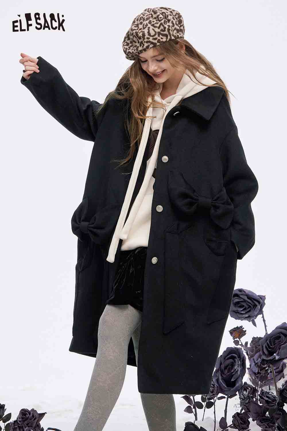 ELFSACK minimalist long coat for women in black with bow details and relaxed fit