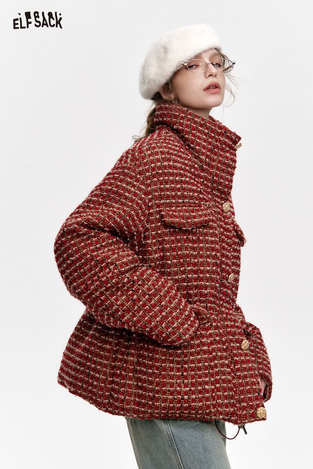 ELFSACK Red plaid waist-adjustable stand-up collar short down jacket