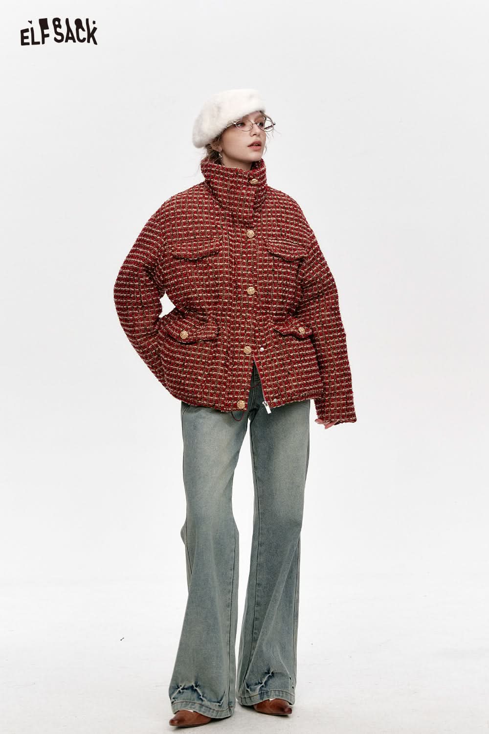 ELFSACK Red plaid waist-adjustable stand-up collar short down jacket