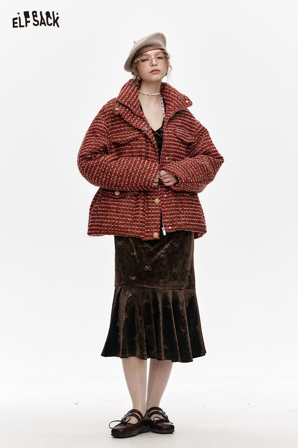ELFSACK Red plaid waist-adjustable stand-up collar short down jacket