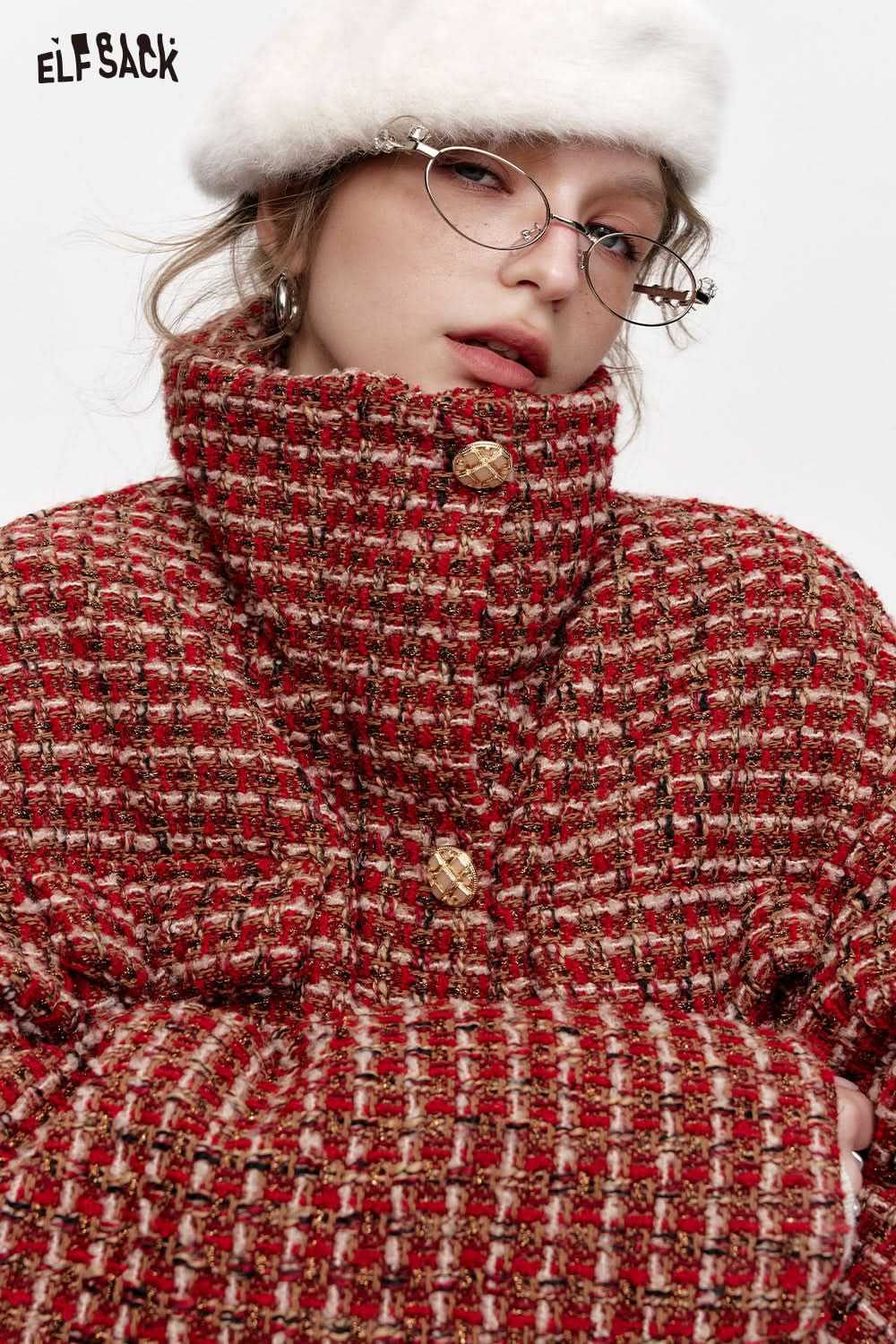 ELFSACK Red plaid waist-adjustable stand-up collar short down jacket