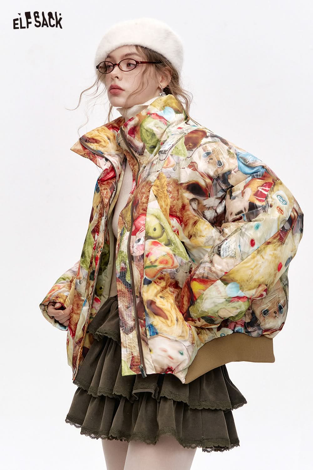 ELFSACK Stand collar all over print short down jacket