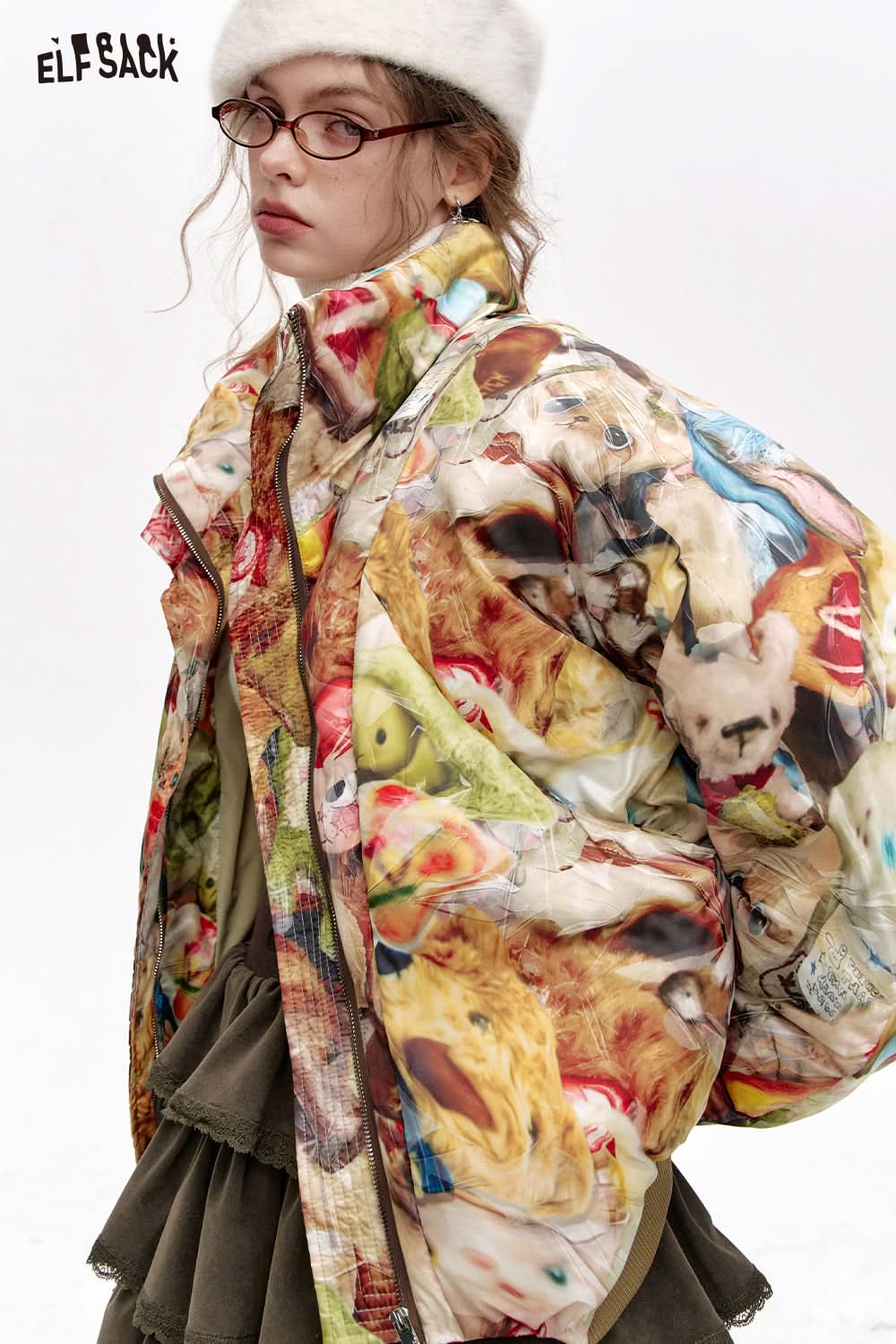 ELFSACK Stand collar all over print short down jacket