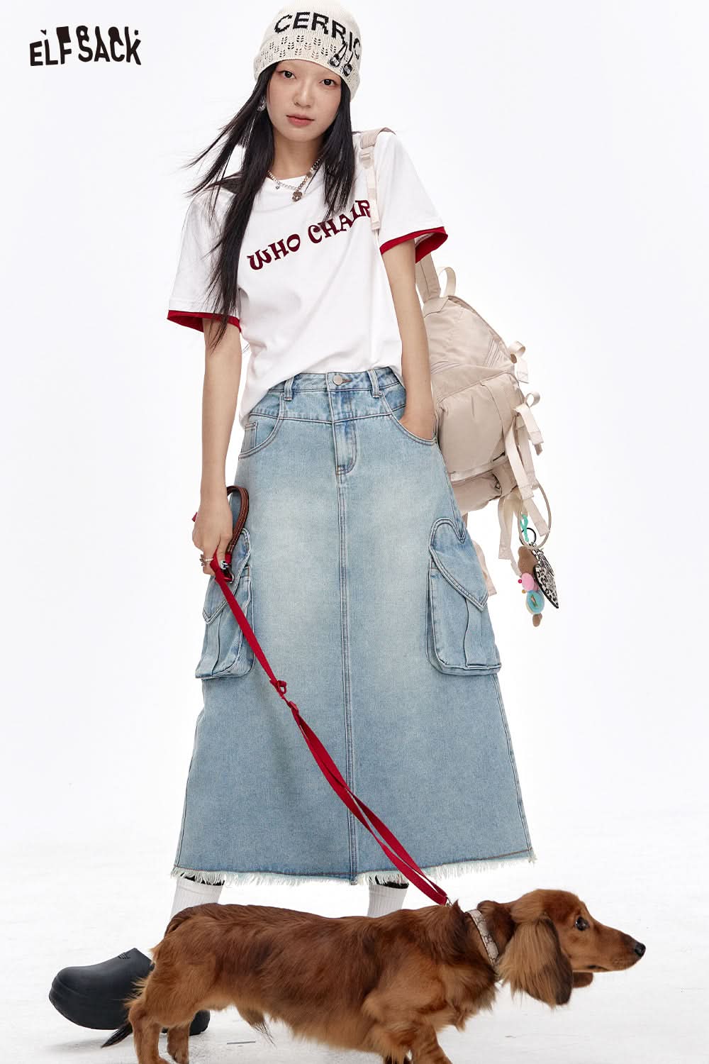 ELFSACK Sweet High Waist A-Line Denim Long Skirt Women Versatile Heart Pockets Skirt