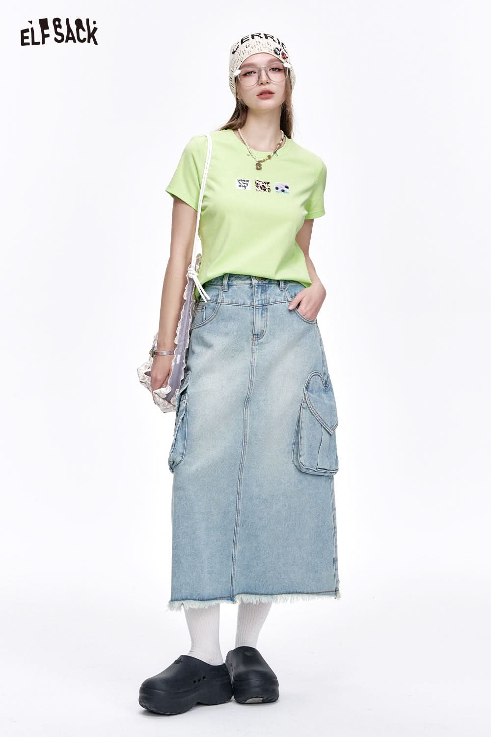 ELFSACK Sweet High Waist A-Line Denim Long Skirt Women Versatile Heart Pockets Skirt