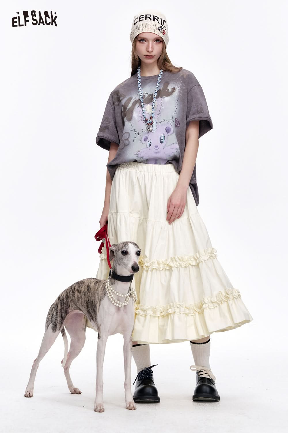 ELFSACK Preppy Style High Waist A-line White Pleated Skirt Women's Versatile Solid Color Cotton Long Skirt