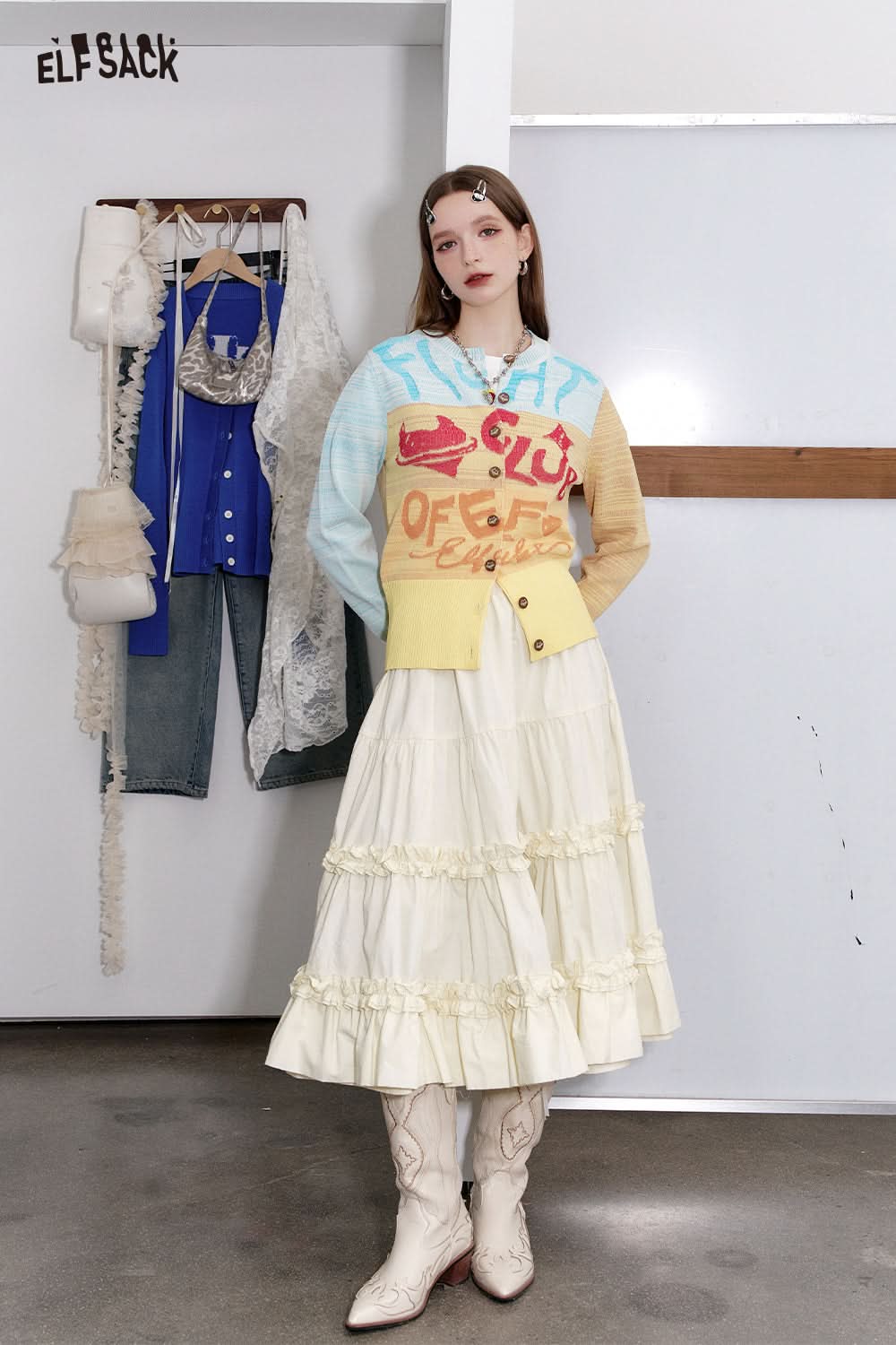 ELFSACK Preppy Style High Waist A-line White Pleated Skirt Women's Versatile Solid Color Cotton Long Skirt