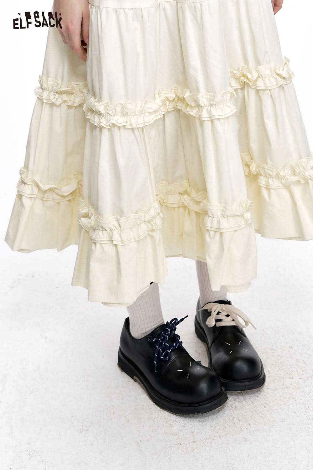 ELFSACK Preppy Style High Waist A-line White Pleated Skirt Women's Versatile Solid Color Cotton Long Skirt