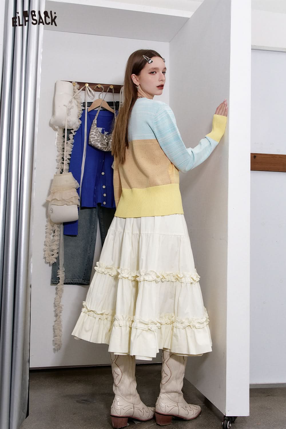 ELFSACK Preppy Style High Waist A-line White Pleated Skirt Women's Versatile Solid Color Cotton Long Skirt