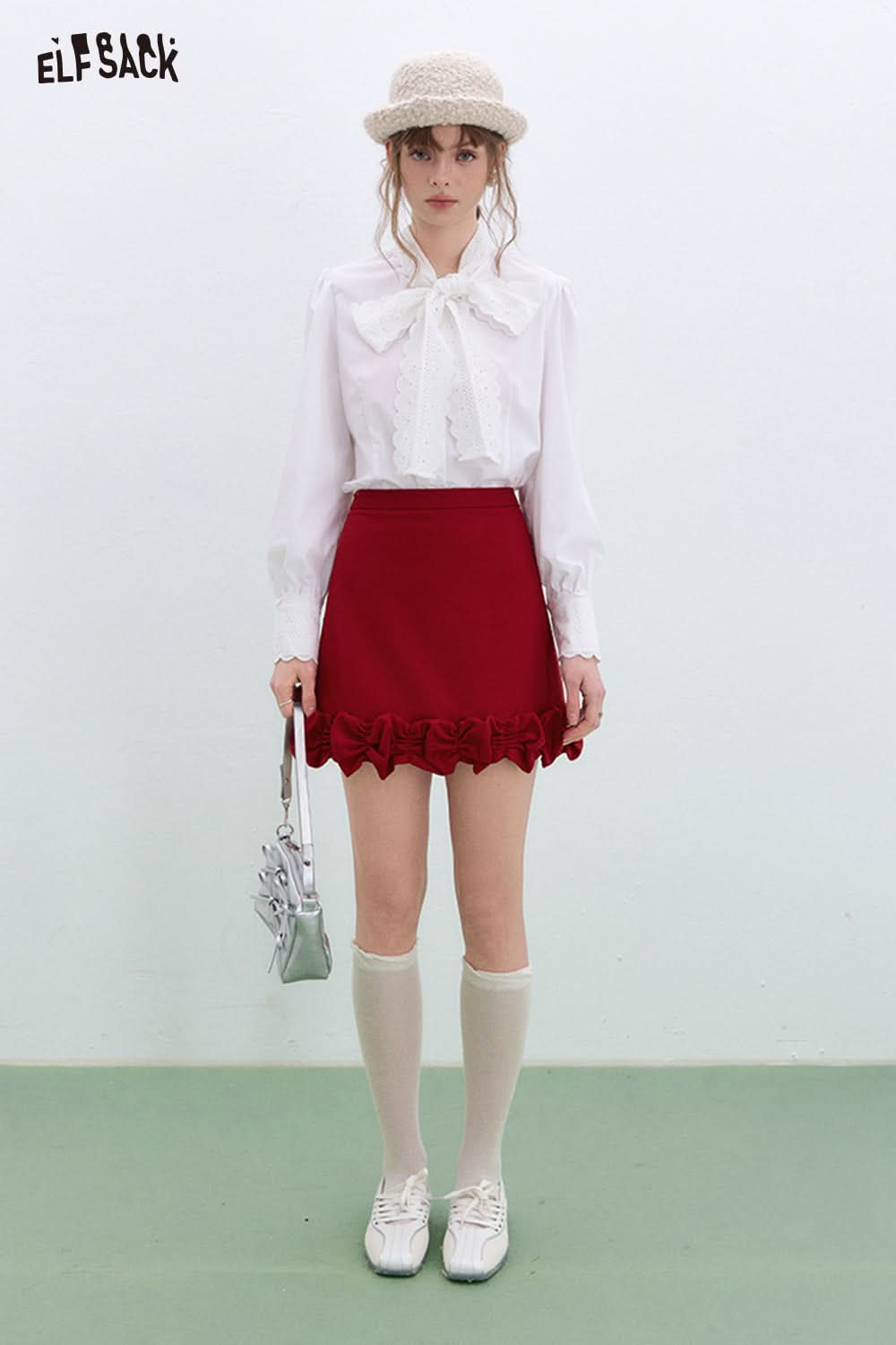 ELFSACK pleated skirt sweet and versatile high waist A-line skirt