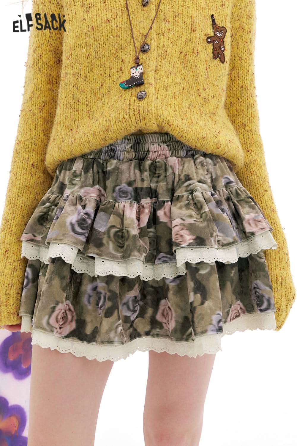 ELFSACK Y2K Flower Full Print Lace Stitching Skirt Women Retro Ruffle Mini Skirts