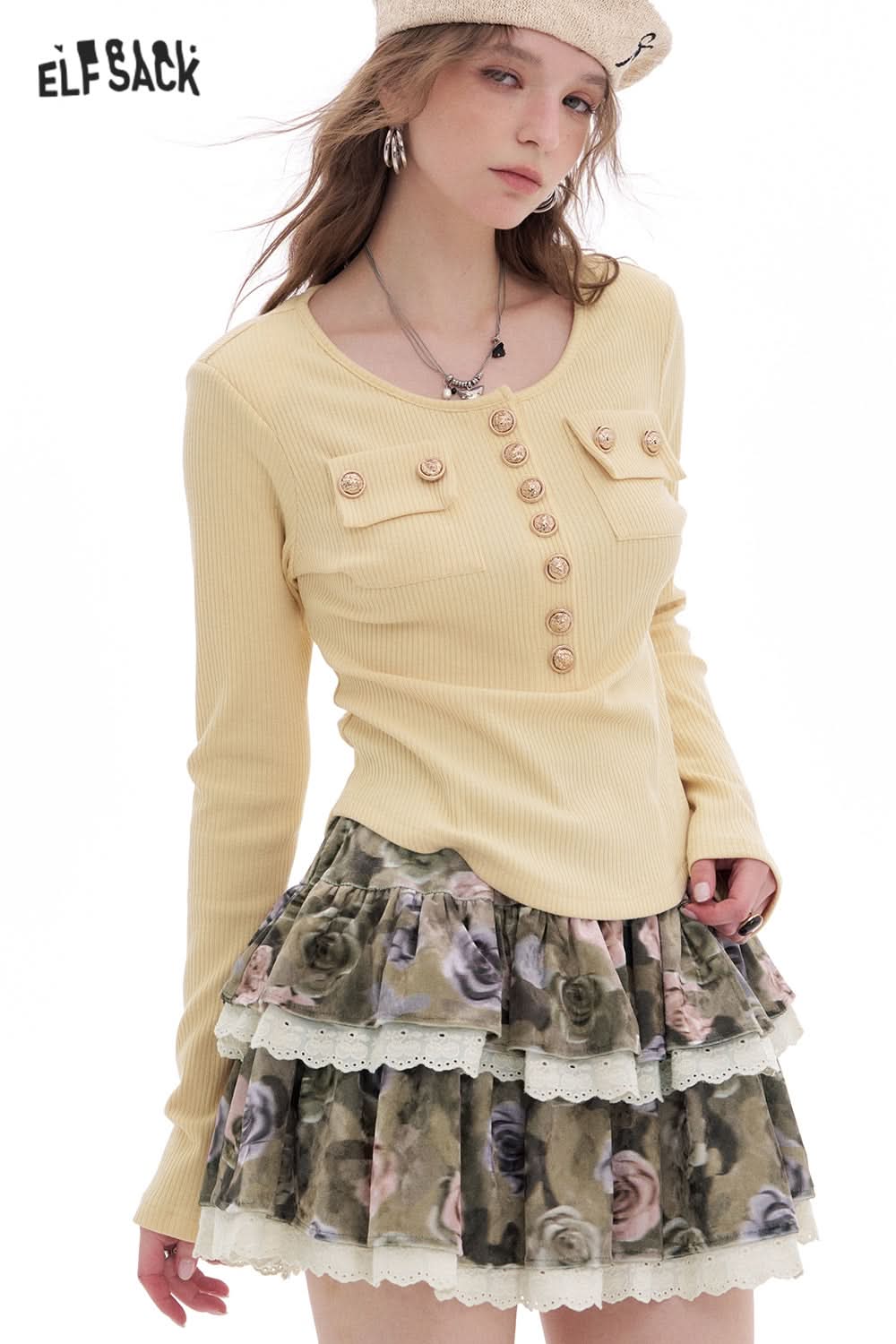 ELFSACK Y2K Flower Full Print Lace Stitching Skirt Women Retro Ruffle Mini Skirts