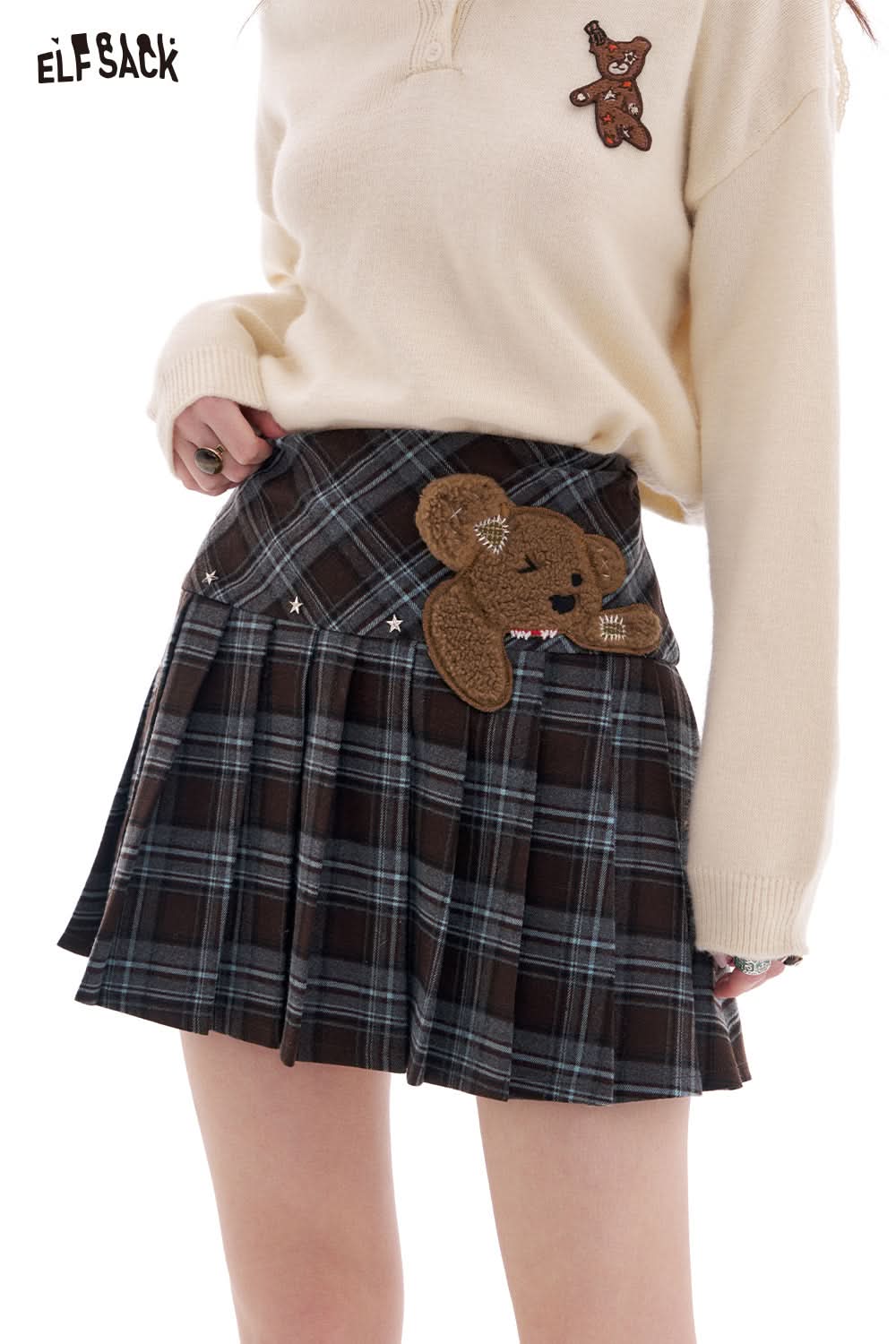 ELFSACK Y2K High Waist Plaid A-Line Skirt Women Preppy Style Bear Patch Pleated Skirt