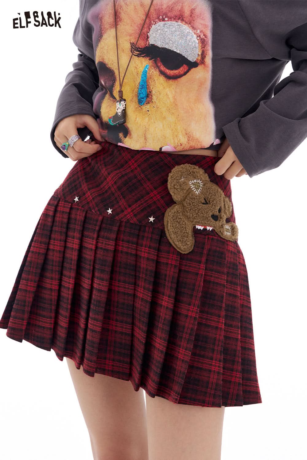 ELFSACK Y2K High Waist Plaid A-Line Skirt Women Preppy Style Bear Patch Pleated Skirt