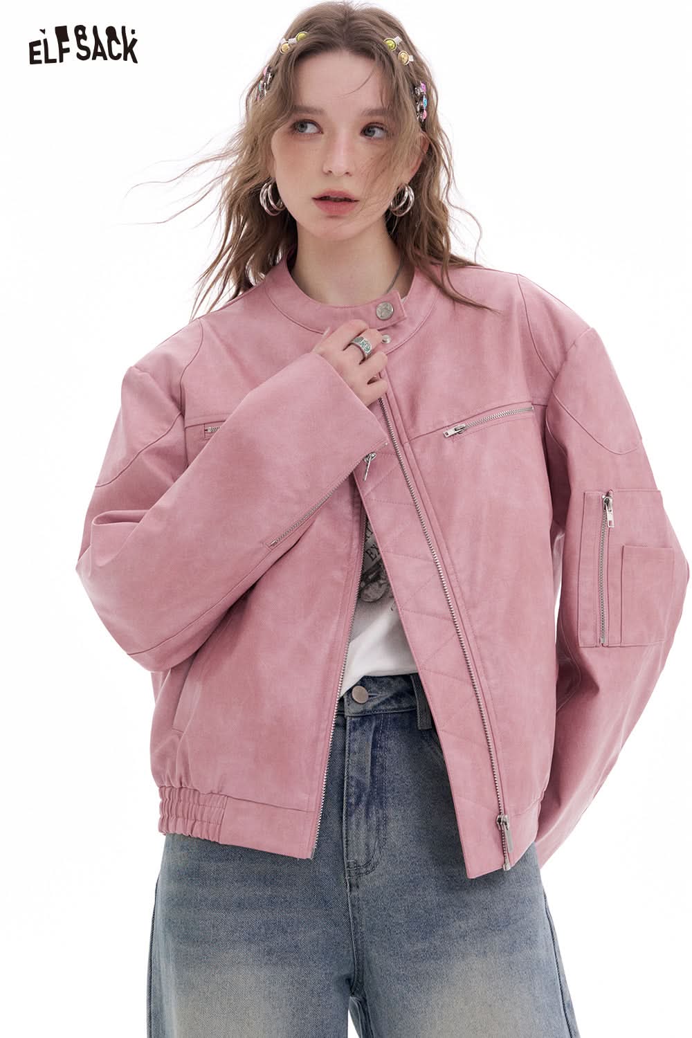 ELFSACK Sweet Cool Pink Faux PU Leather Jacket Casual Lady Zipper Short Leather Jacket High Street Motorcycle Coat