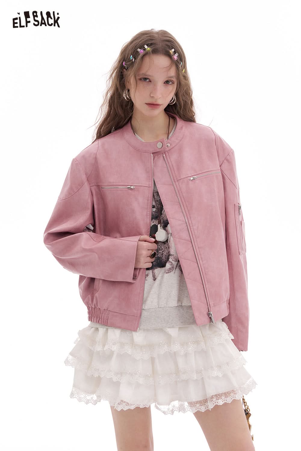 ELFSACK Sweet Cool Pink Faux PU Leather Jacket Casual Lady Zipper Short Leather Jacket High Street Motorcycle Coat