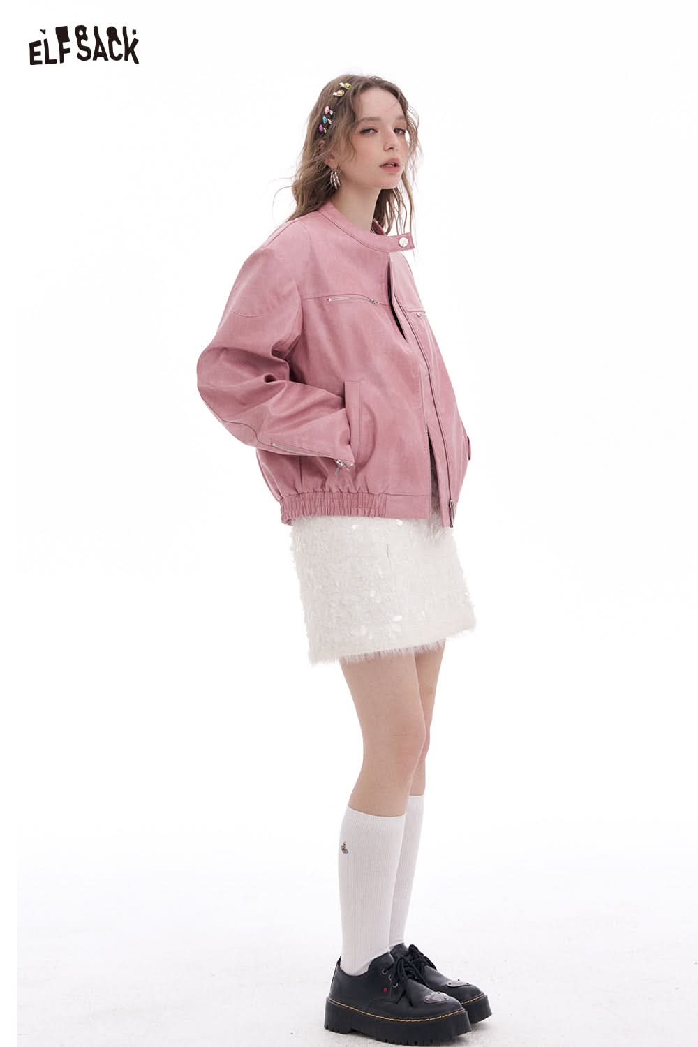 ELFSACK Sweet Cool Pink Faux PU Leather Jacket Casual Lady Zipper Short Leather Jacket High Street Motorcycle Coat