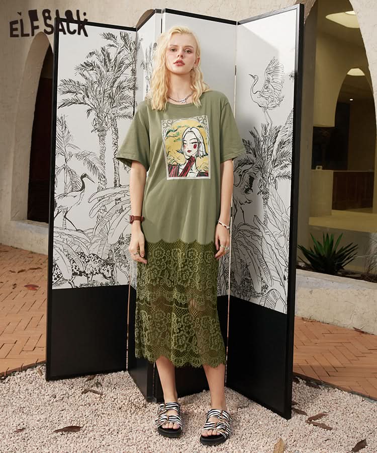 ELFSACK Spliced Lace T-shirt Dresses