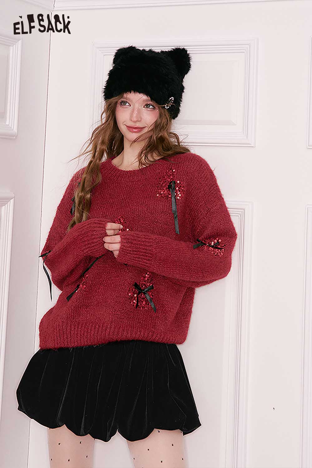 ELFSACK 3D bow embellished cropped sweater in red with stylish embellishments for a trendy look